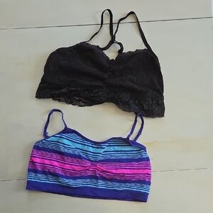 Black Lace Bralette and Striped Sports Bra
